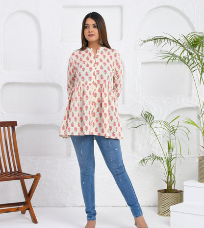 Pink Floral Hand Block printed Cotton Short Kurti