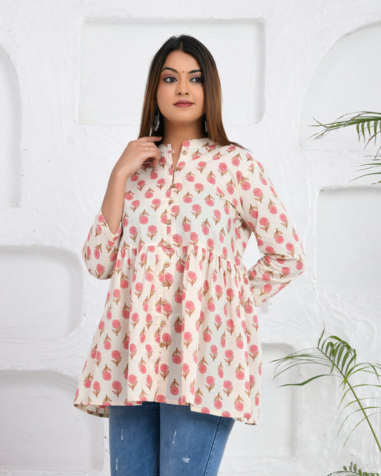 Pink Floral Hand Block printed Cotton Short Kurti