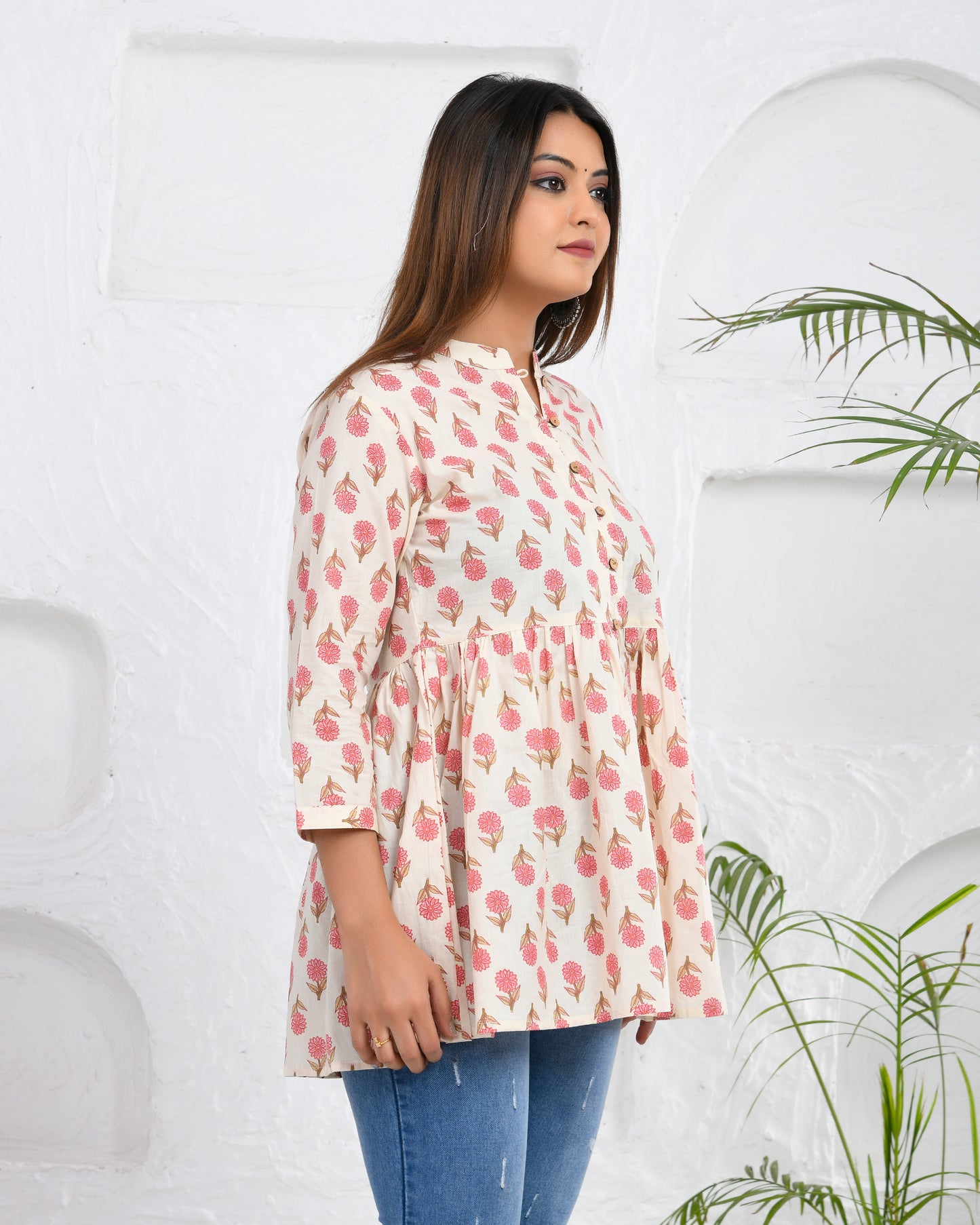 Pink Floral Hand Block printed Cotton Short Kurti