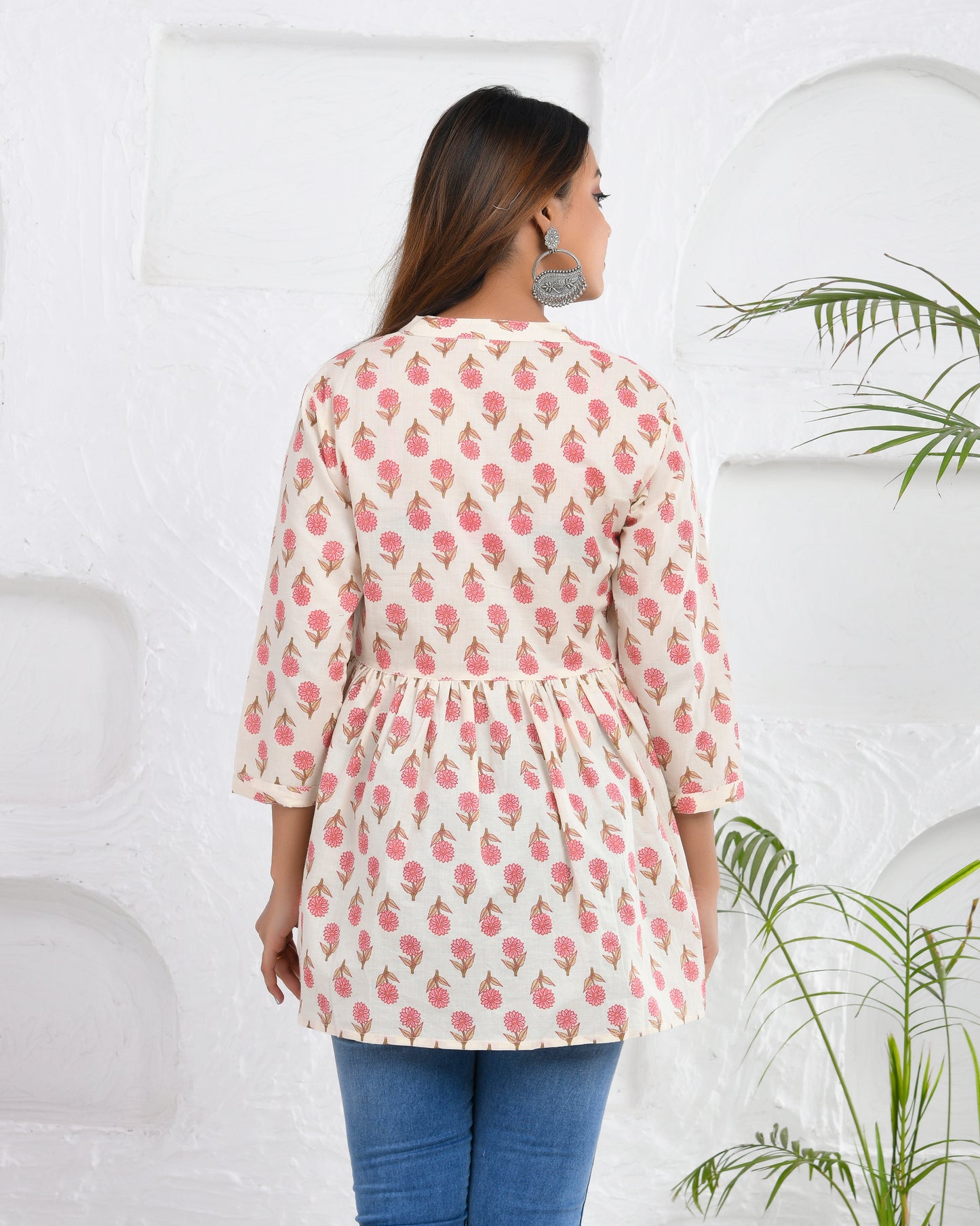 Pink Floral Hand Block printed Cotton Short Kurti