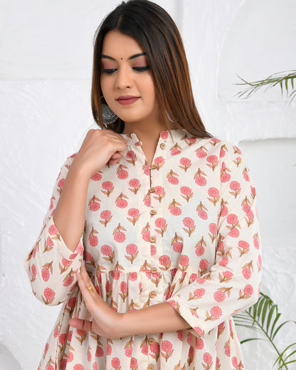 Pink Floral Hand Block printed Cotton Short Kurti