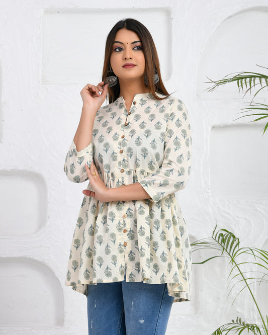 Green Floral Hand Block printed Cotton Short Kurti