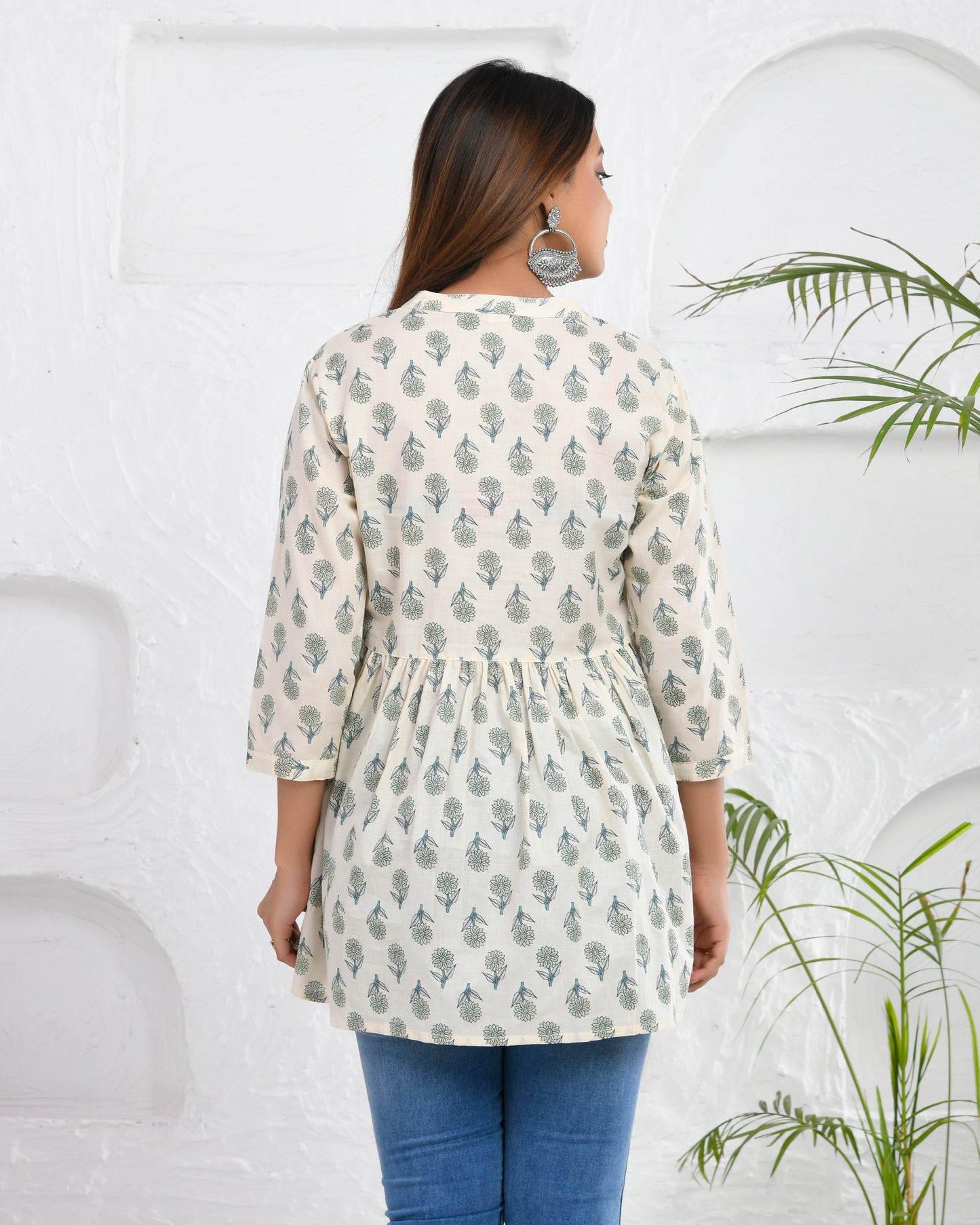 Green Floral Hand Block printed Cotton Short Kurti