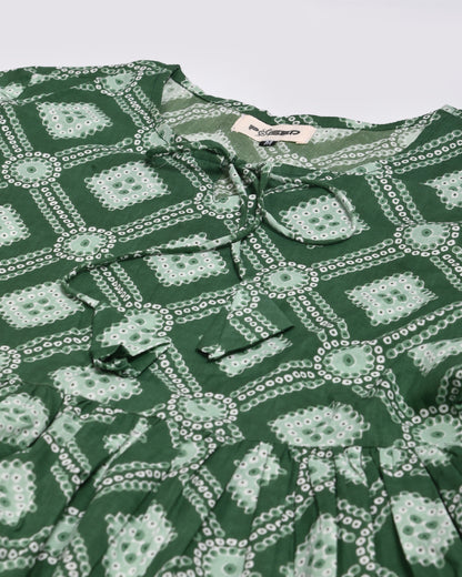 Green Bandhani Printed Pleated Cotton Short Kurti