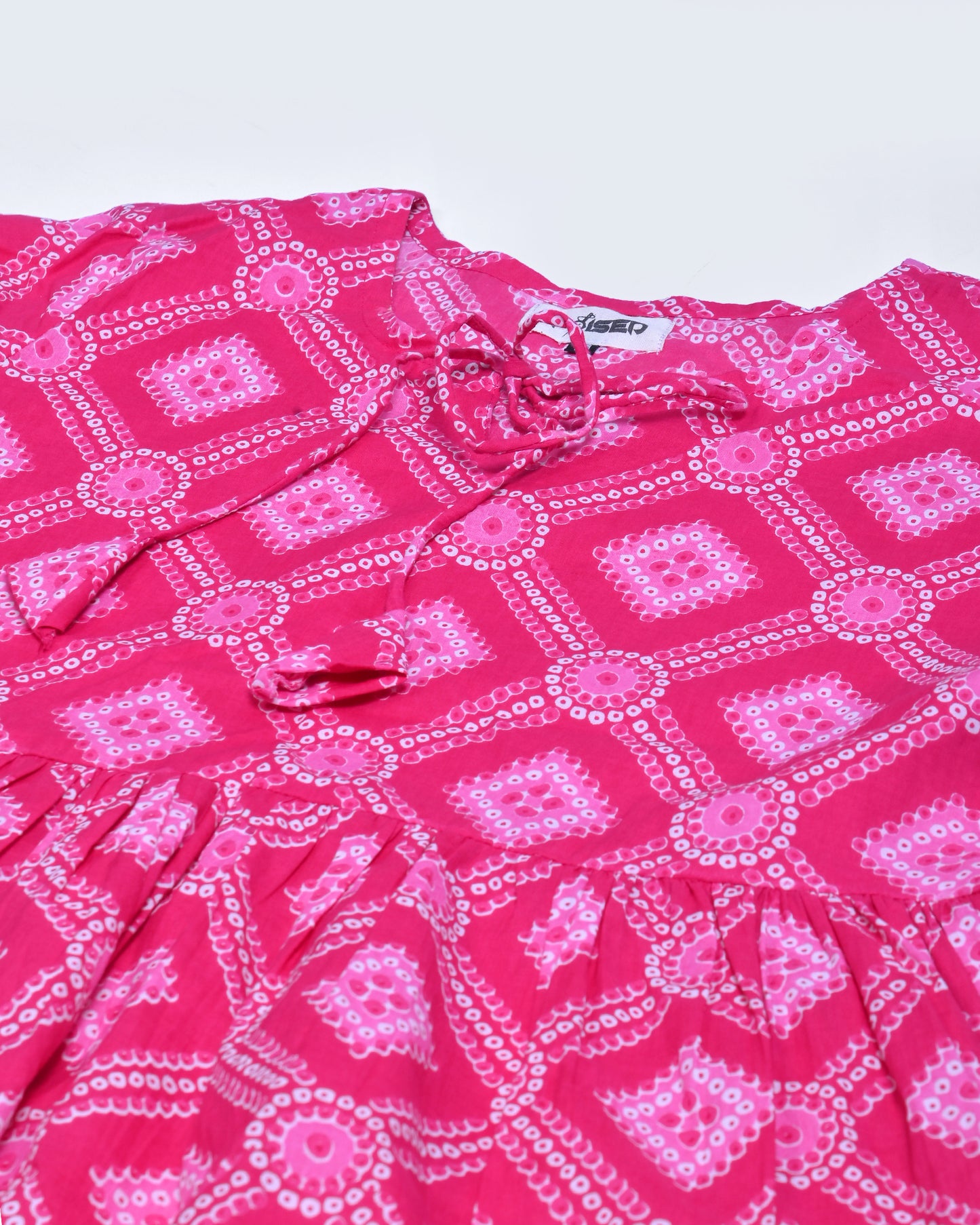 Pink Bandhani Printed Pleated Cotton Short Kurti