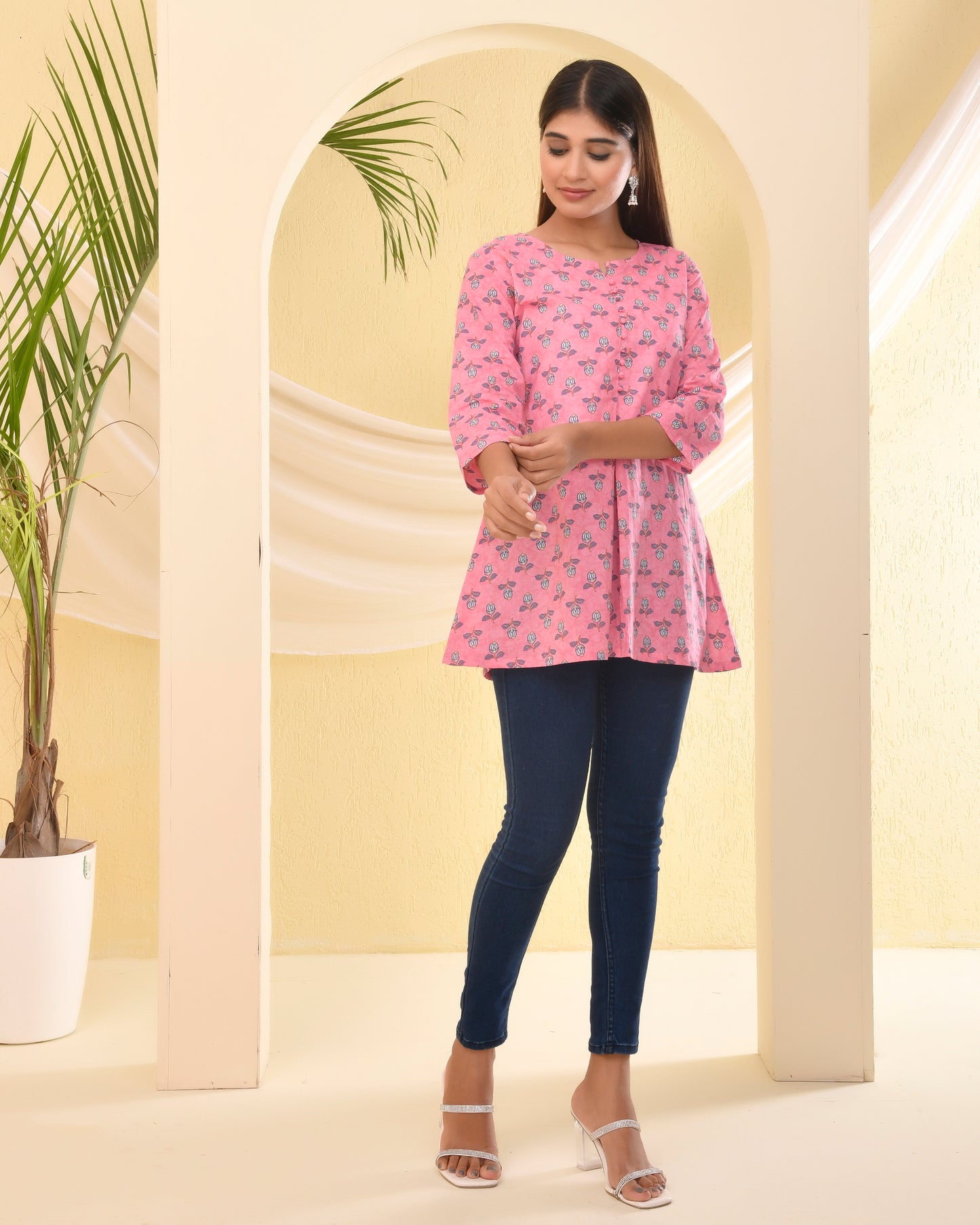 Pink Sanganeri printed Cotton Short Kurti