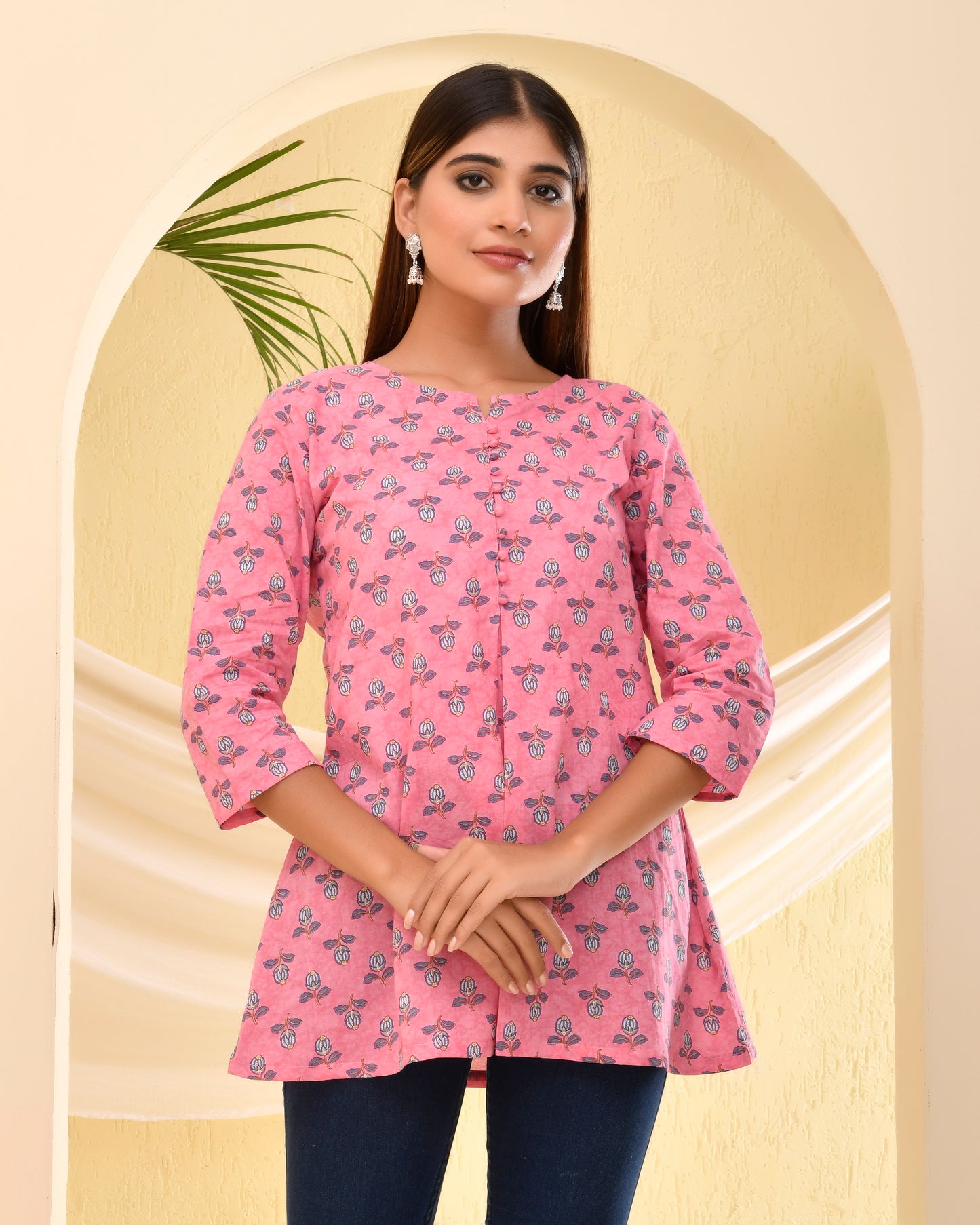 Pink Sanganeri printed Cotton Short Kurti