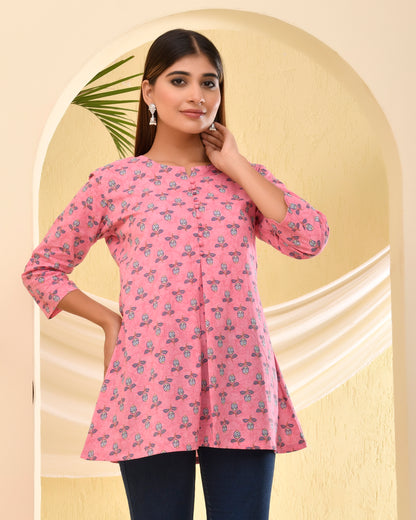 Pink Sanganeri printed Cotton Short Kurti