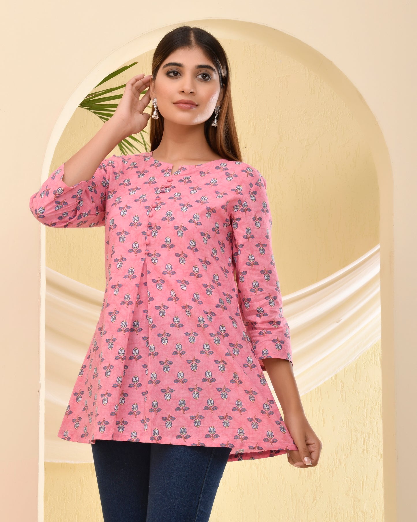 Pink Sanganeri printed Cotton Short Kurti