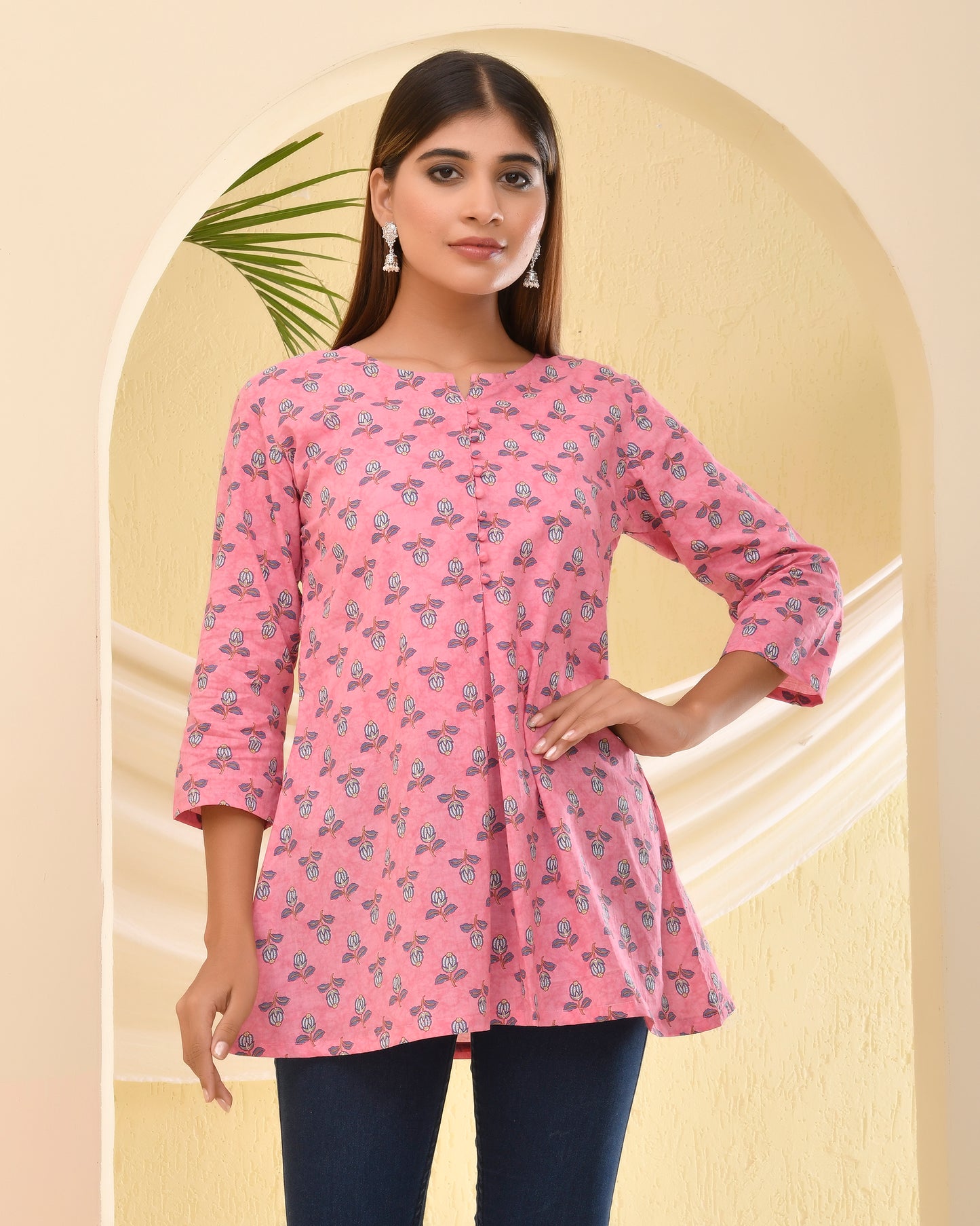 Pink Sanganeri printed Cotton Short Kurti