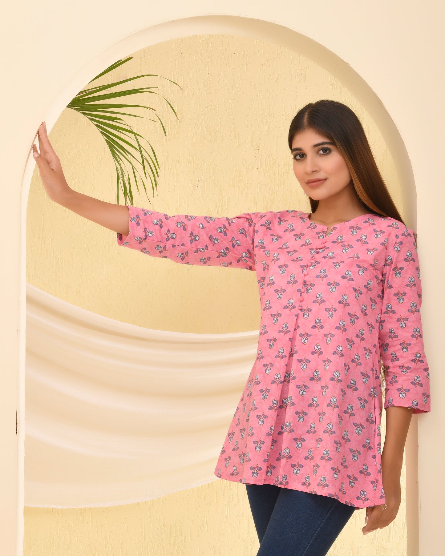 Pink Sanganeri printed Cotton Short Kurti