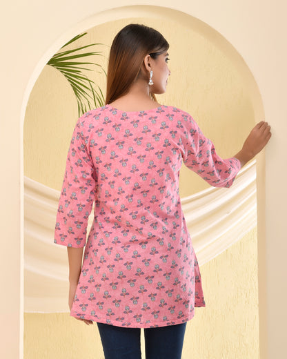 Pink Sanganeri printed Cotton Short Kurti