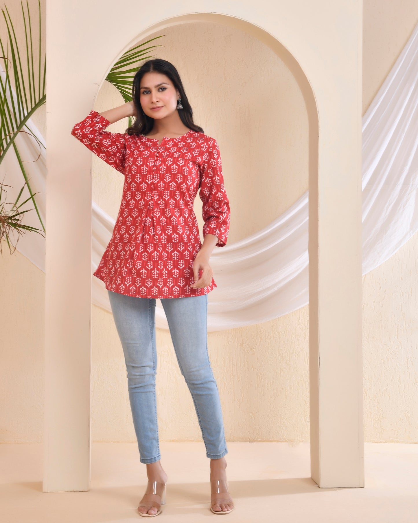 Red Handblock printed Cotton Short kurti