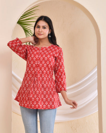 Red Handblock printed Cotton Short kurti