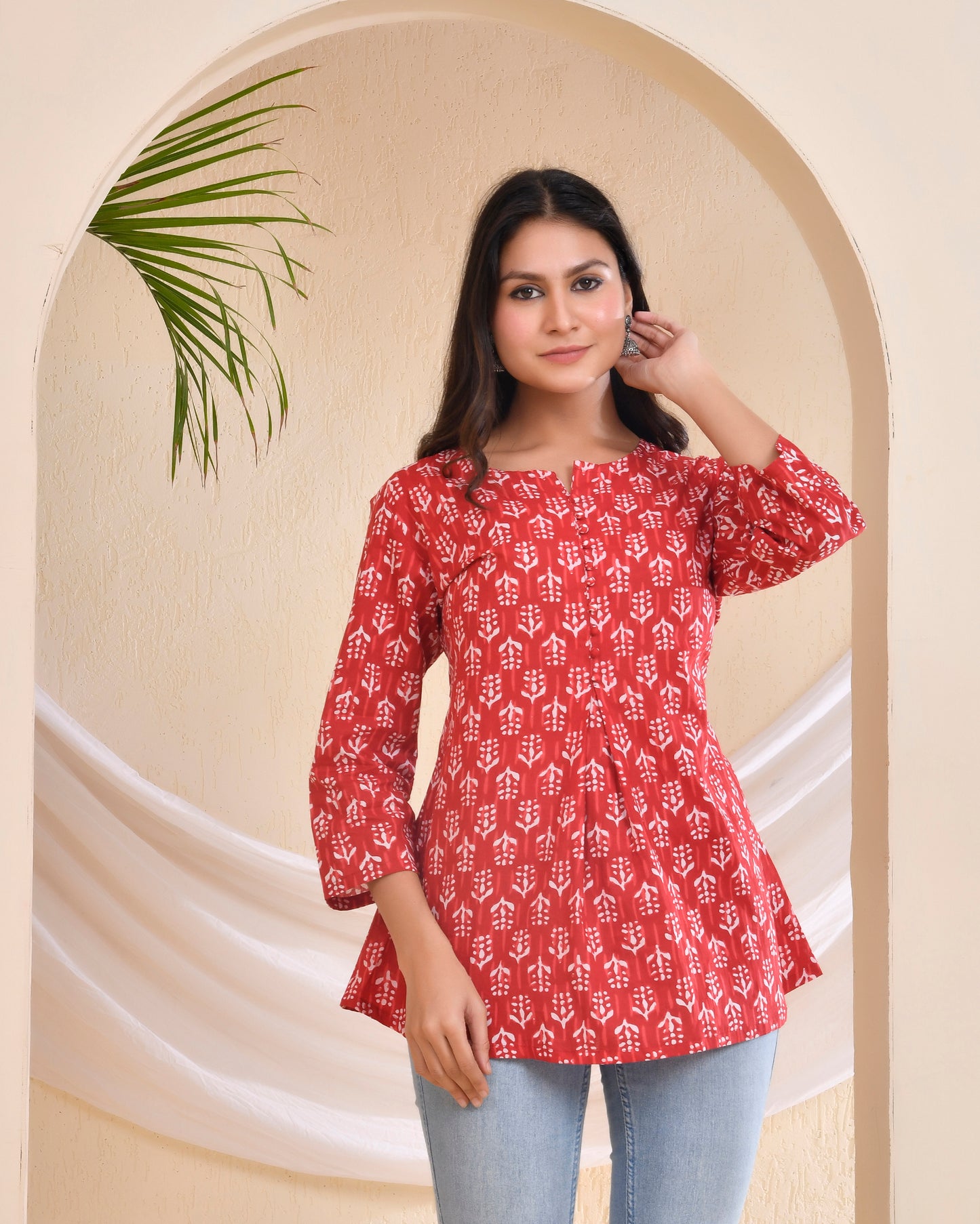 Red Handblock printed Cotton Short kurti