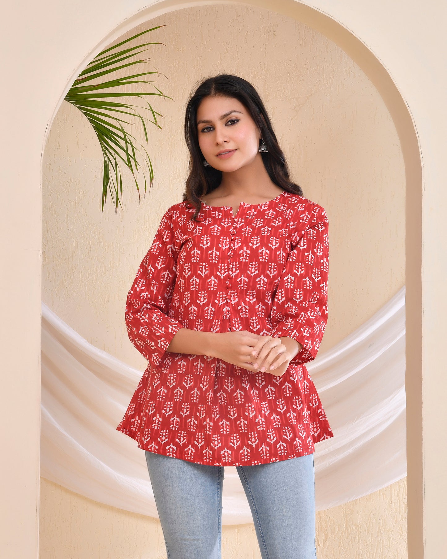 Red Handblock printed Cotton Short kurti