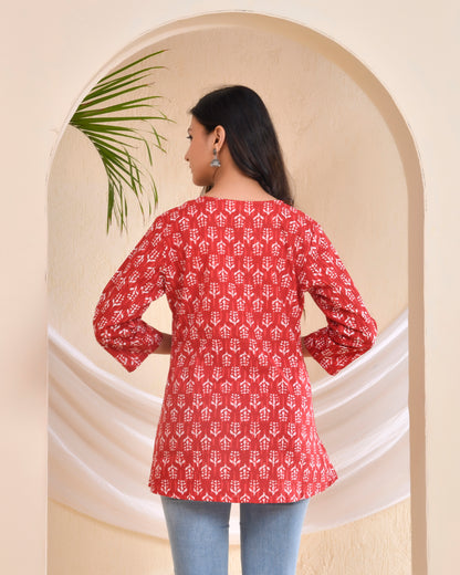 Red Handblock printed Cotton Short kurti