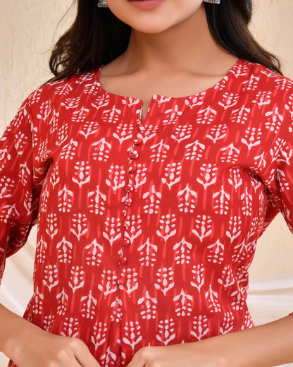 Red Handblock printed Cotton Short kurti