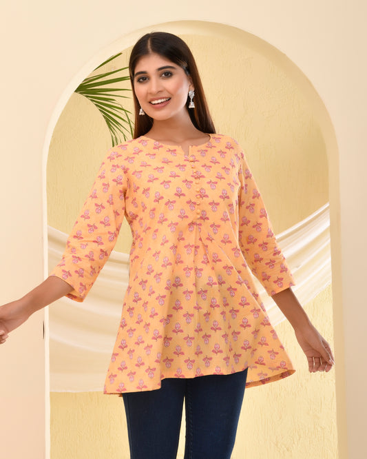 Yellow Sanganeri printed Cotton Short Kurti