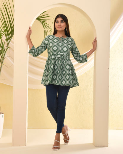 Green Bandhani Printed Pleated Cotton Short Kurti