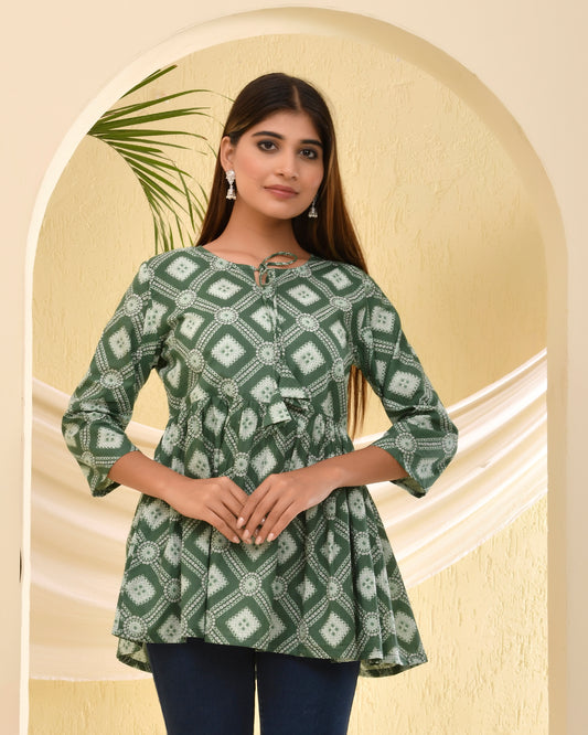 Green Bandhani Printed Pleated Cotton Short Kurti