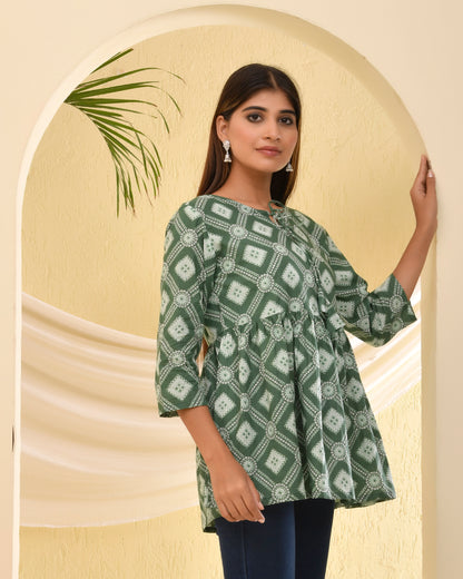 Green Bandhani Printed Pleated Cotton Short Kurti