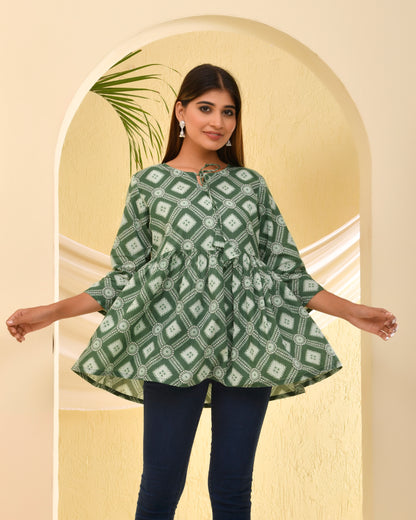 Green Bandhani Printed Pleated Cotton Short Kurti