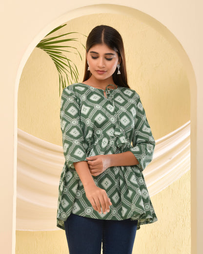 Green Bandhani Printed Pleated Cotton Short Kurti