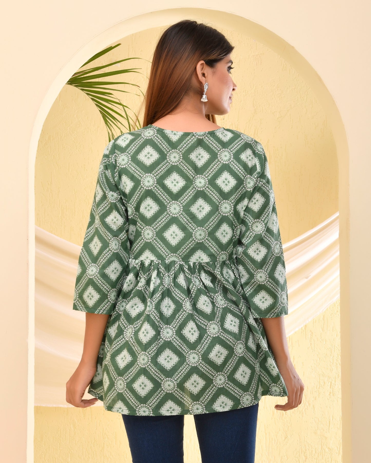 Green Bandhani Printed Pleated Cotton Short Kurti