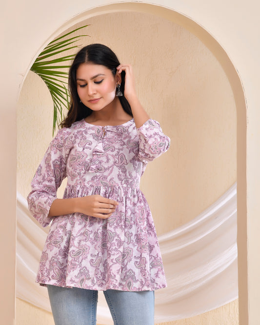 Lavender Paisley printed Pleated Cotton Short Kurti