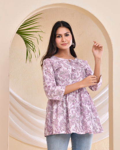 Lavender Paisley printed Pleated Cotton Short Kurti