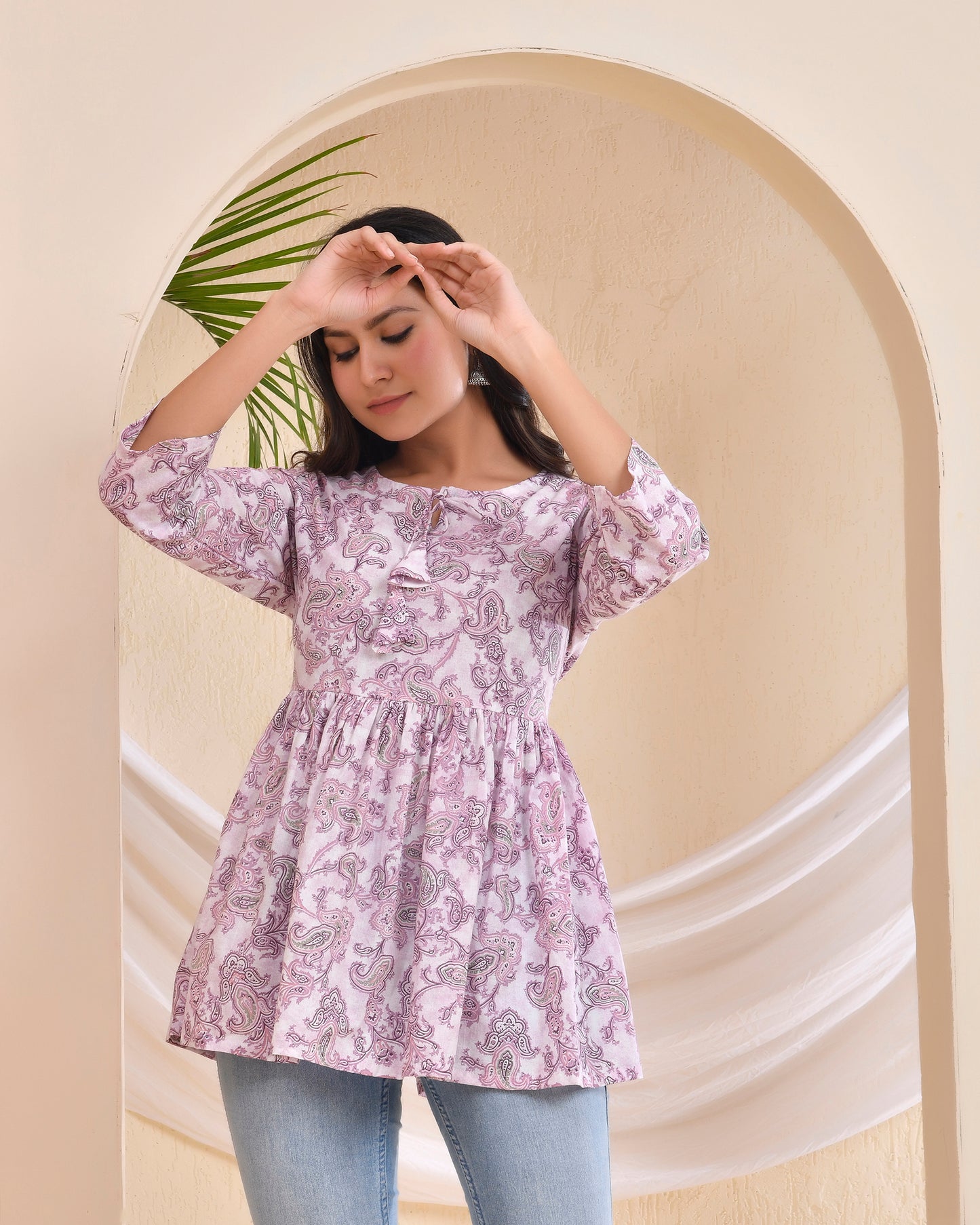 Lavender Paisley printed Pleated Cotton Short Kurti