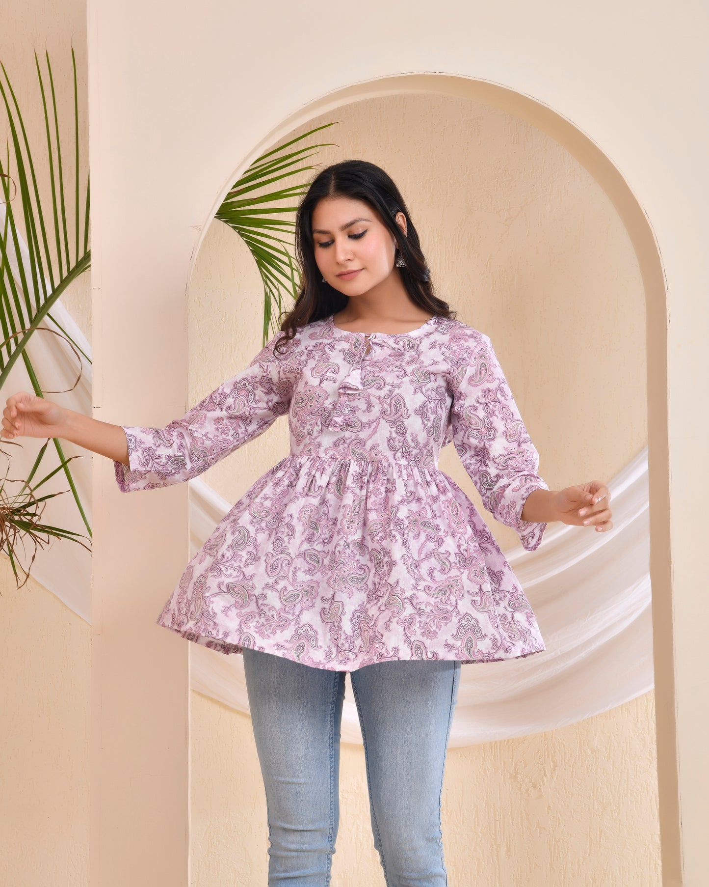 Lavender Paisley printed Pleated Cotton Short Kurti