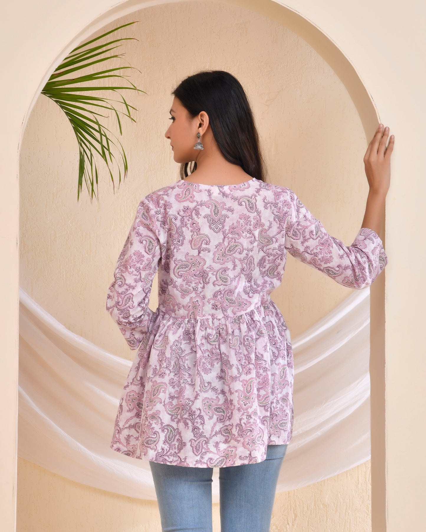 Lavender Paisley printed Pleated Cotton Short Kurti