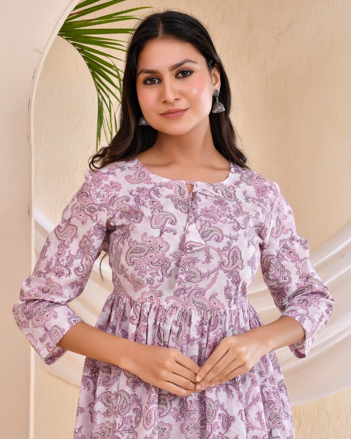 Lavender Paisley printed Pleated Cotton Short Kurti