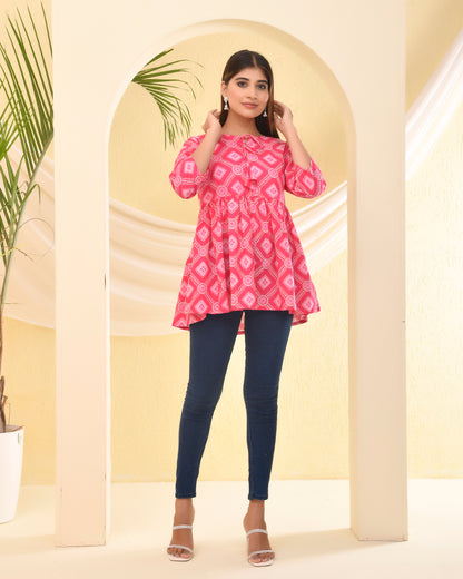 Pink Bandhani Printed Pleated Cotton Short Kurti