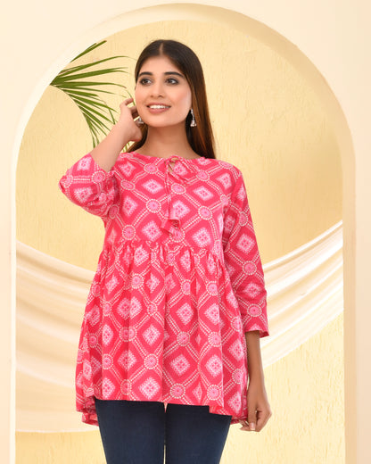 Pink Bandhani Printed Pleated Cotton Short Kurti