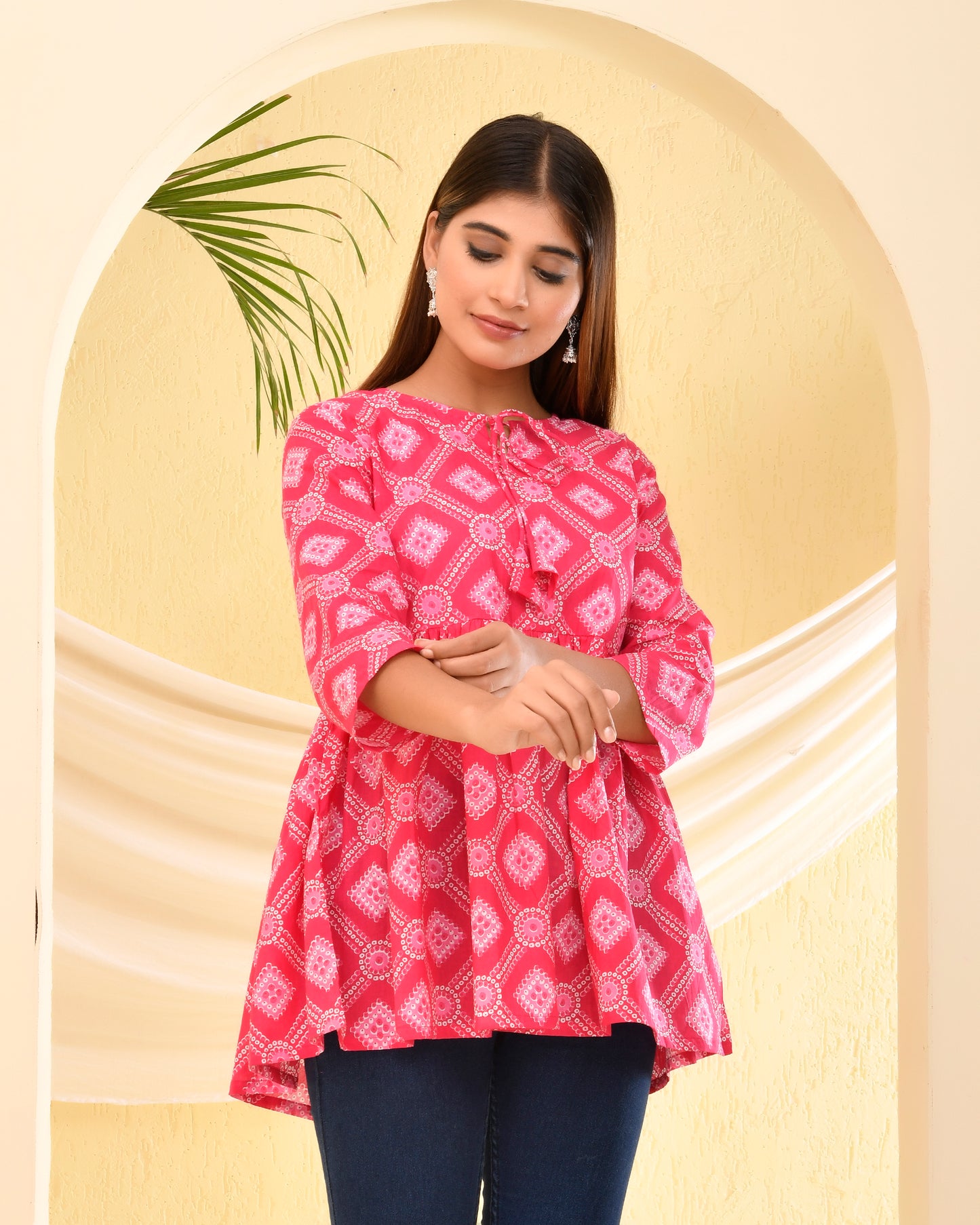 Pink Bandhani Printed Pleated Cotton Short Kurti