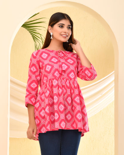 Pink Bandhani Printed Pleated Cotton Short Kurti