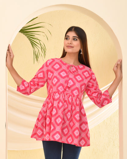 Pink Bandhani Printed Pleated Cotton Short Kurti