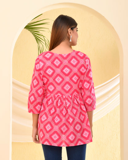 Pink Bandhani Printed Pleated Cotton Short Kurti