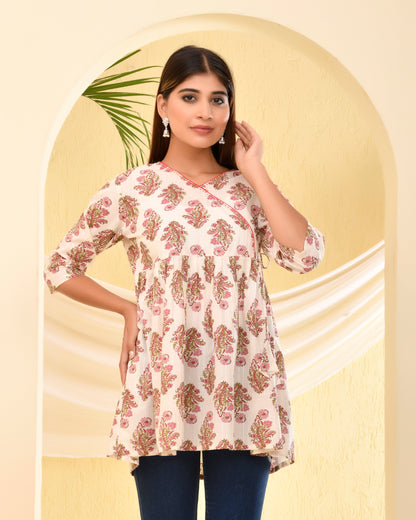 Red and White Angrakha Style Short Kurti