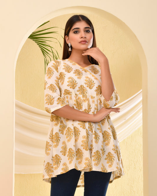 Yellow and White Angrakha Style Short Kurti